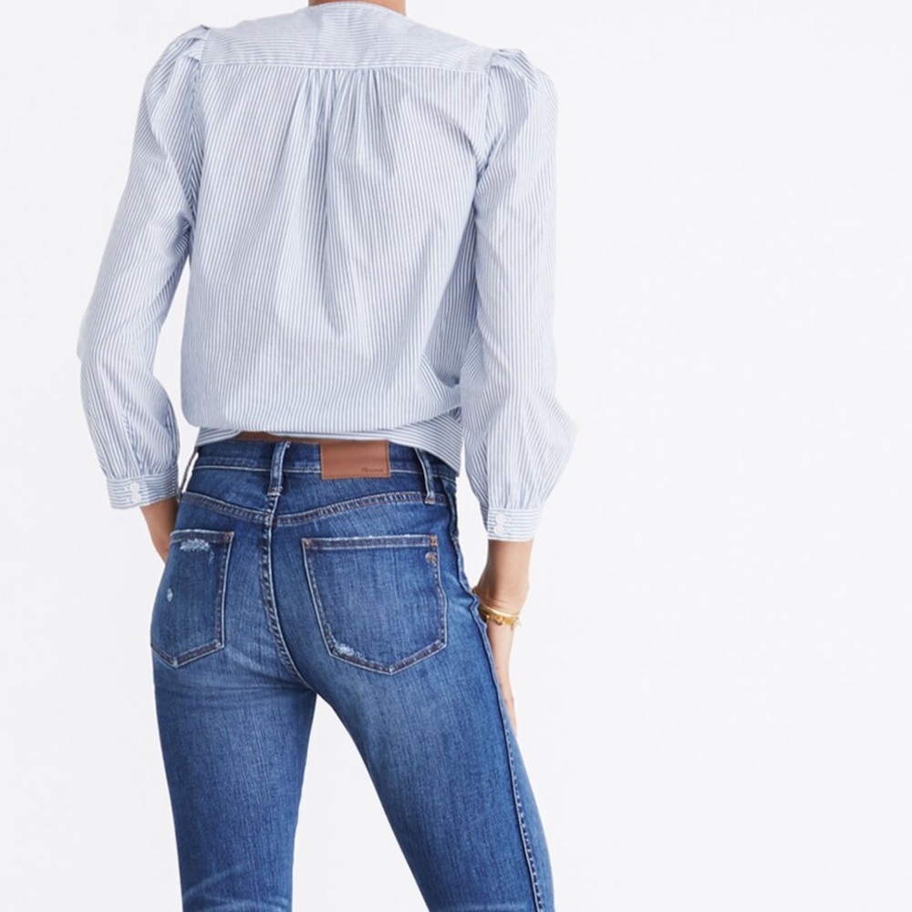 (SEA) Madewell Light Blue and White Striped Wrap Blouse - Picture 13 of 13